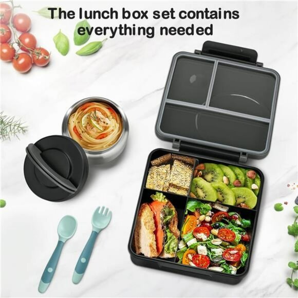 Kids Bento Lunch Box Set With Thermo Jar Insulated Leakproof Lunch Bag School - Picture 4 of 8